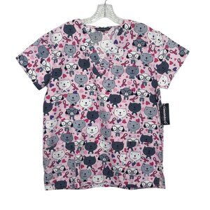 Cassandra O Scrub Top Shirt Womens Medium Pink Cats Dogs Pink Ribbon Cancer